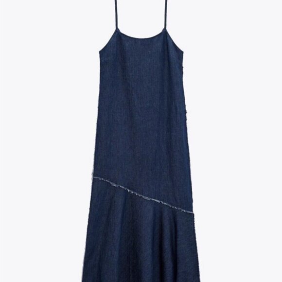 ZARA Cindy Lightweight Cotton/Linen Denim Midi Dress w Flounce Hem, Size L, NWT - Picture 2 of 7